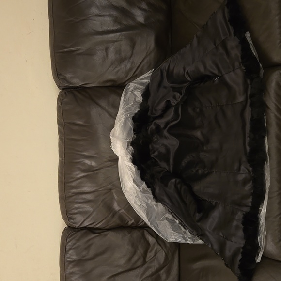 Saks Fifth Avenue Real Rabbit Fur collared black zip up down vest with collar